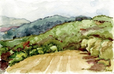 2009 View looking east from Paul Masson winery. Saratoga, CA. Watercolor.